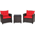 3 Piece Patio Rattan Conversation Set, 2 Wicker Sofas Rated 360 lb with Red Cushions, 21.5 in Seat Height and Glass Top Table