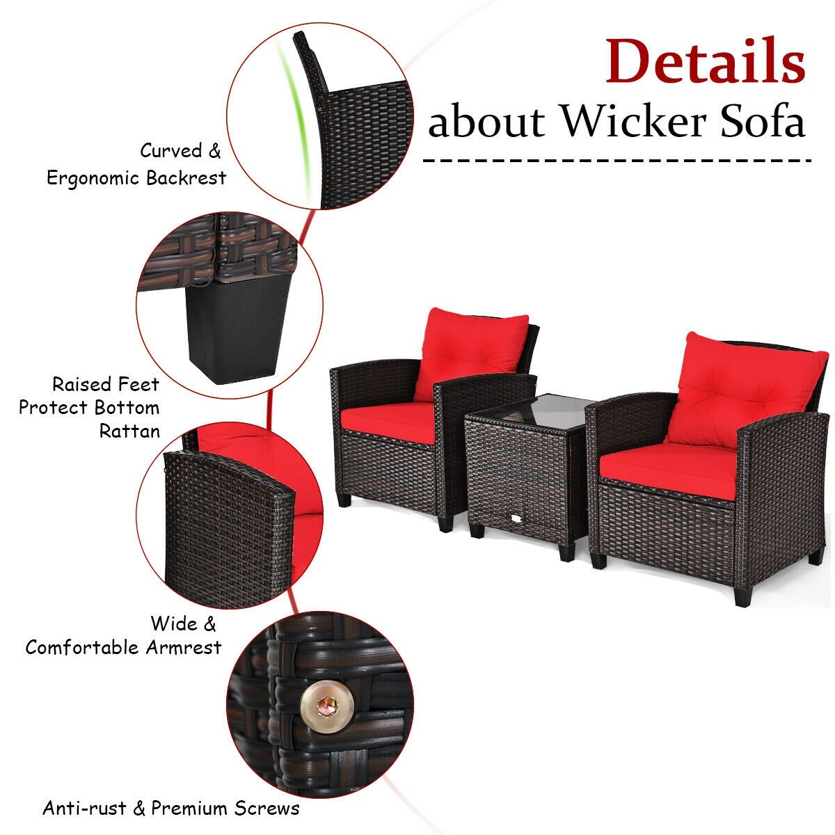 3 Piece Patio Rattan Conversation Set, 2 Wicker Sofas Rated 360 lb with Red Cushions, 21.5 in Seat Height and Glass Top Table