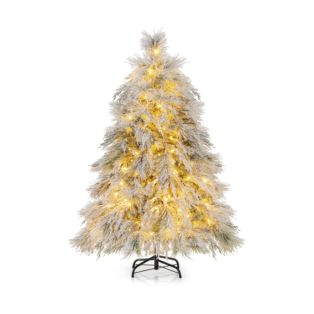 4.5 FT Pre-Lit Snow Flocked Christmas Tree with 279 Tips in Three Leaf Types and 150 Warm White LEDs