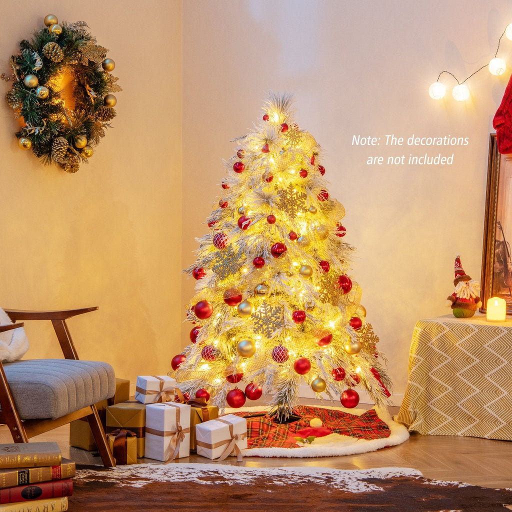 4.5 FT Pre-Lit Snow Flocked Christmas Tree with 279 Tips in Three Leaf Types and 150 Warm White LEDs