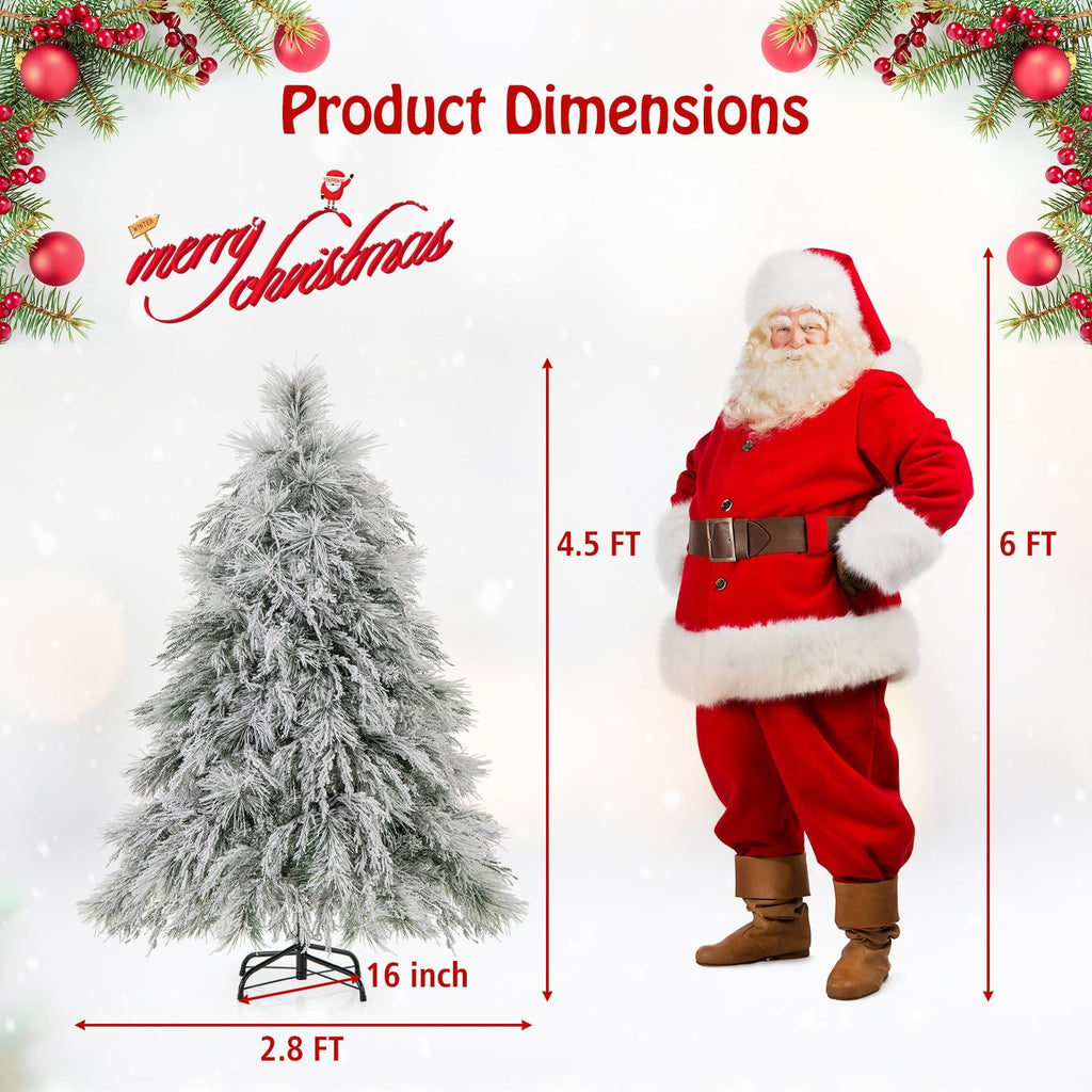 4.5 FT Pre-Lit Snow Flocked Christmas Tree with 279 Tips in Three Leaf Types and 150 Warm White LEDs