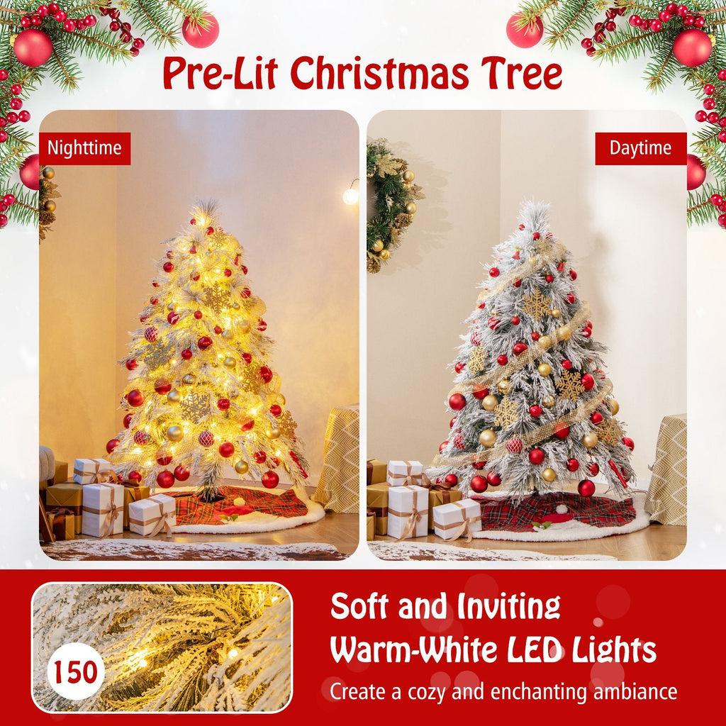 4.5 FT Pre-Lit Snow Flocked Christmas Tree with 279 Tips in Three Leaf Types and 150 Warm White LEDs