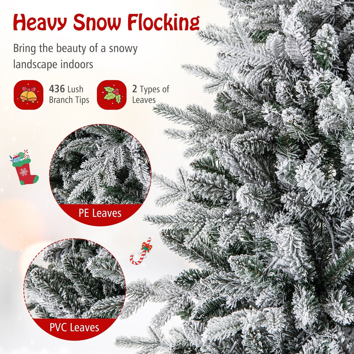 4.5 FT Snow Flocked Christmas Tree with 160 Multicolour LEDs, 8 Lighting Modes and 436 Tips