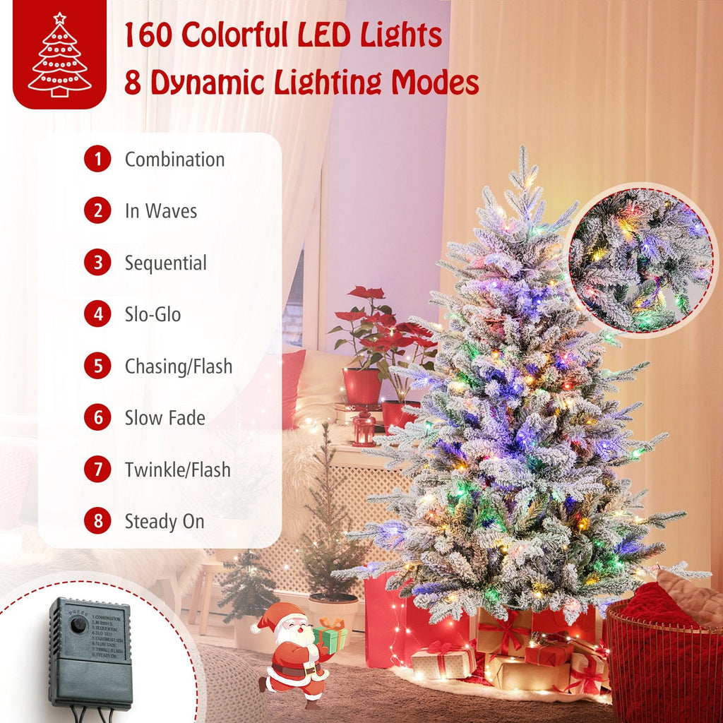 4.5 FT Snow Flocked Christmas Tree with 160 Multicolour LEDs, 8 Lighting Modes and 436 Tips
