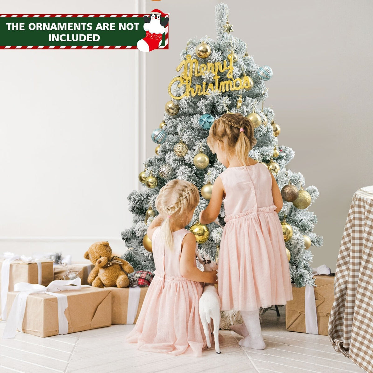 4.5 FT Pre-Lit Snow Flocked Christmas Tree with 295 Hinged Tips and 150 Warm White LEDs