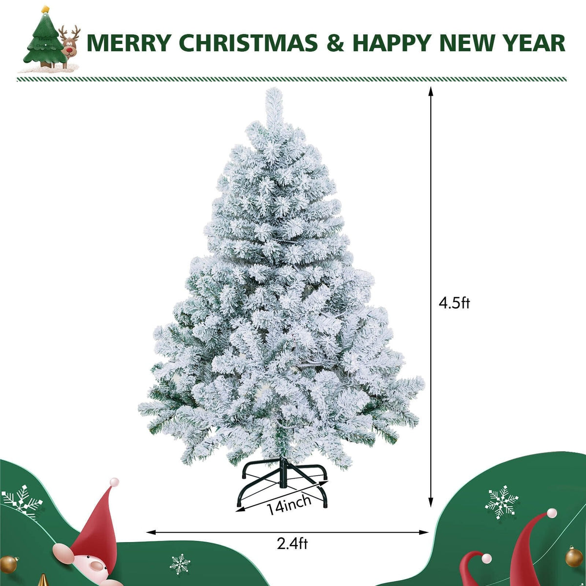4.5 FT Pre-Lit Snow Flocked Christmas Tree with 295 Hinged Tips and 150 Warm White LEDs