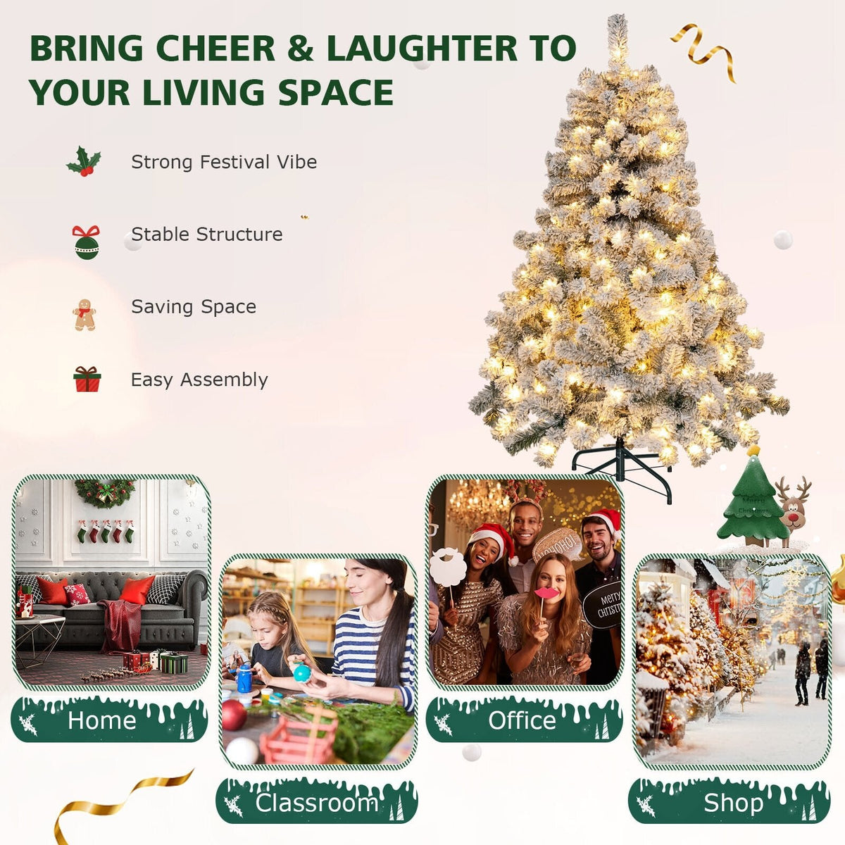 4.5 FT Pre-Lit Snow Flocked Christmas Tree with 295 Hinged Tips and 150 Warm White LEDs