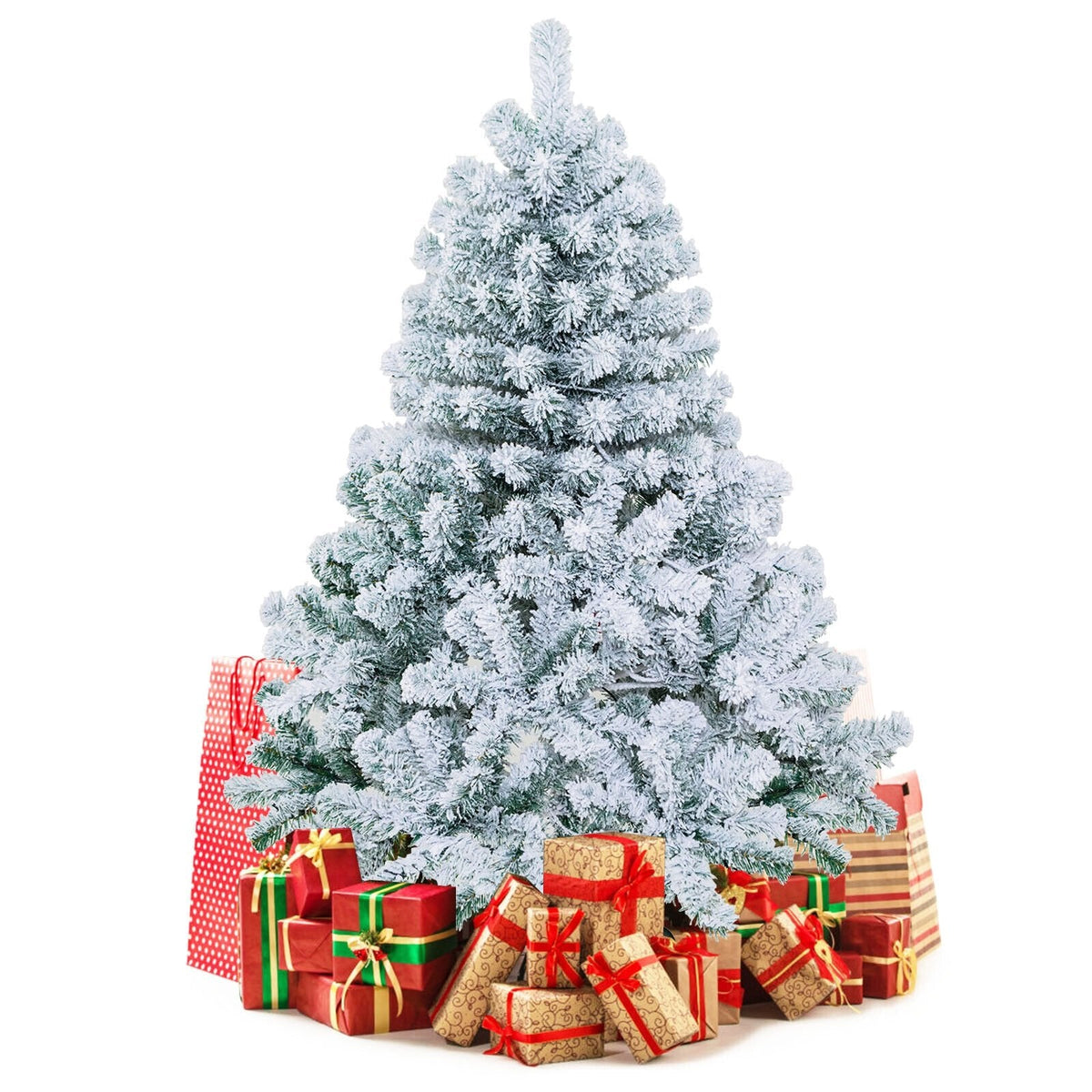 4.5 FT Pre-Lit Snow Flocked Christmas Tree with 295 Hinged Tips and 150 Warm White LEDs