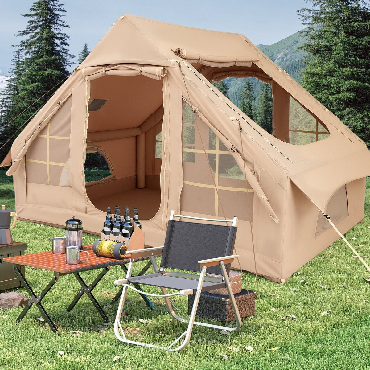 4-6 People Inflatable Camping Tent with 4 Mesh Screen Windows and 2 Doors-White