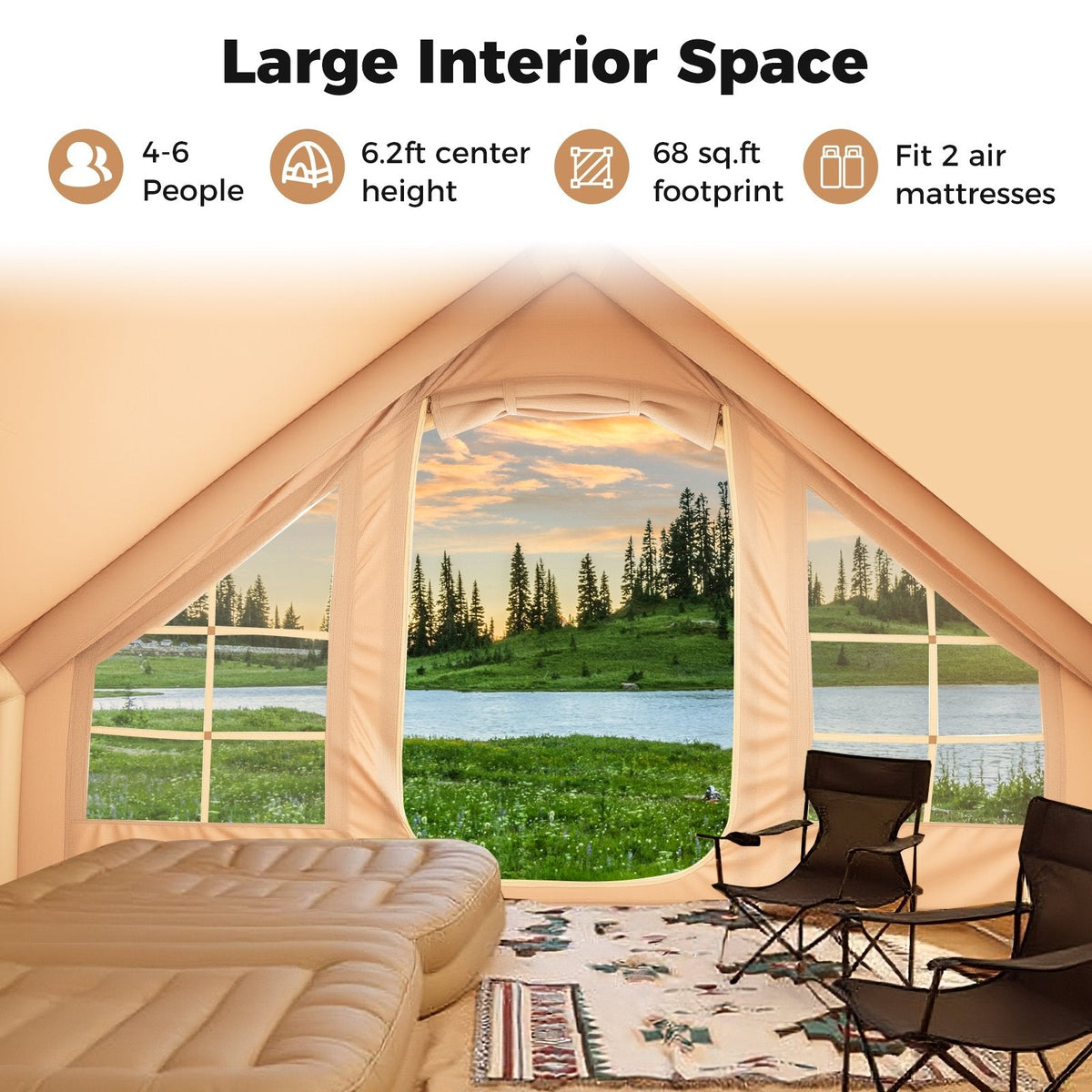 4-6 People Inflatable Camping Tent with 4 Mesh Screen Windows and 2 Doors-White