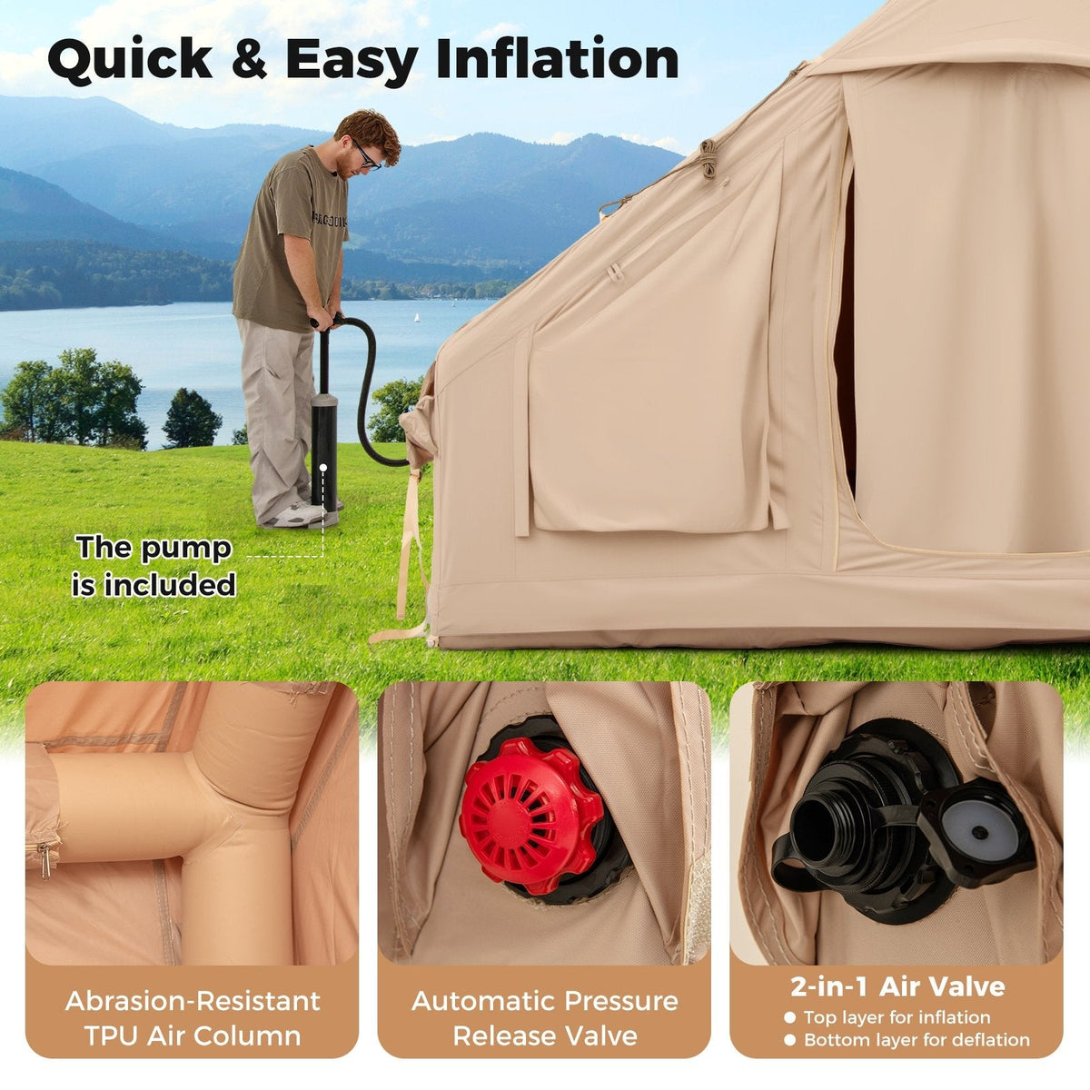 4-6 People Inflatable Camping Tent with 4 Mesh Screen Windows and 2 Doors-White