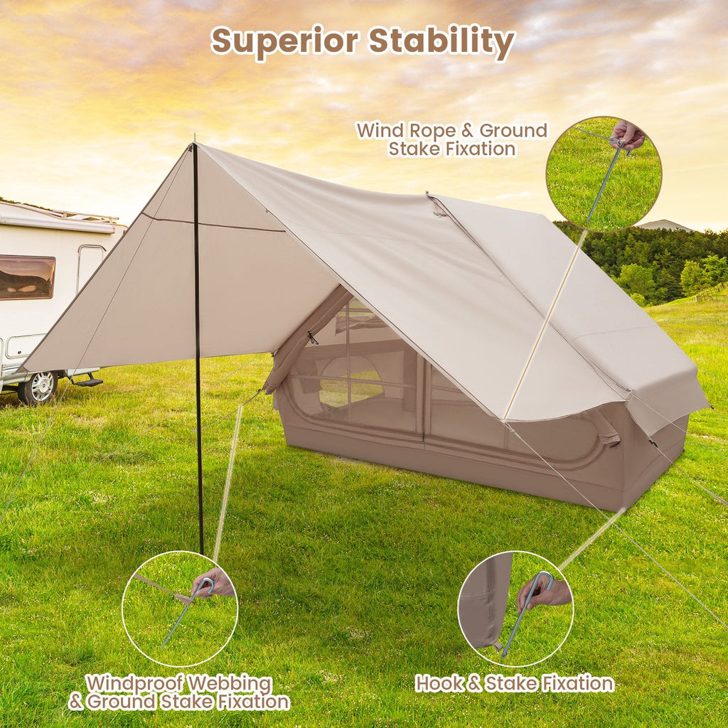 4-6 People Inflatable Camping Tent with Porch and Carrying Bag-Beige