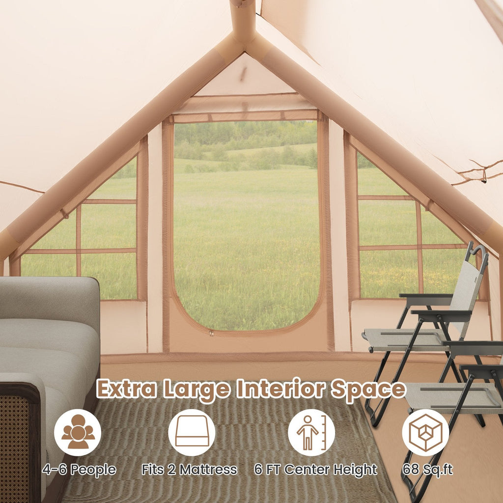 4-6 People Inflatable Camping Tent with Porch and Carrying Bag-Beige