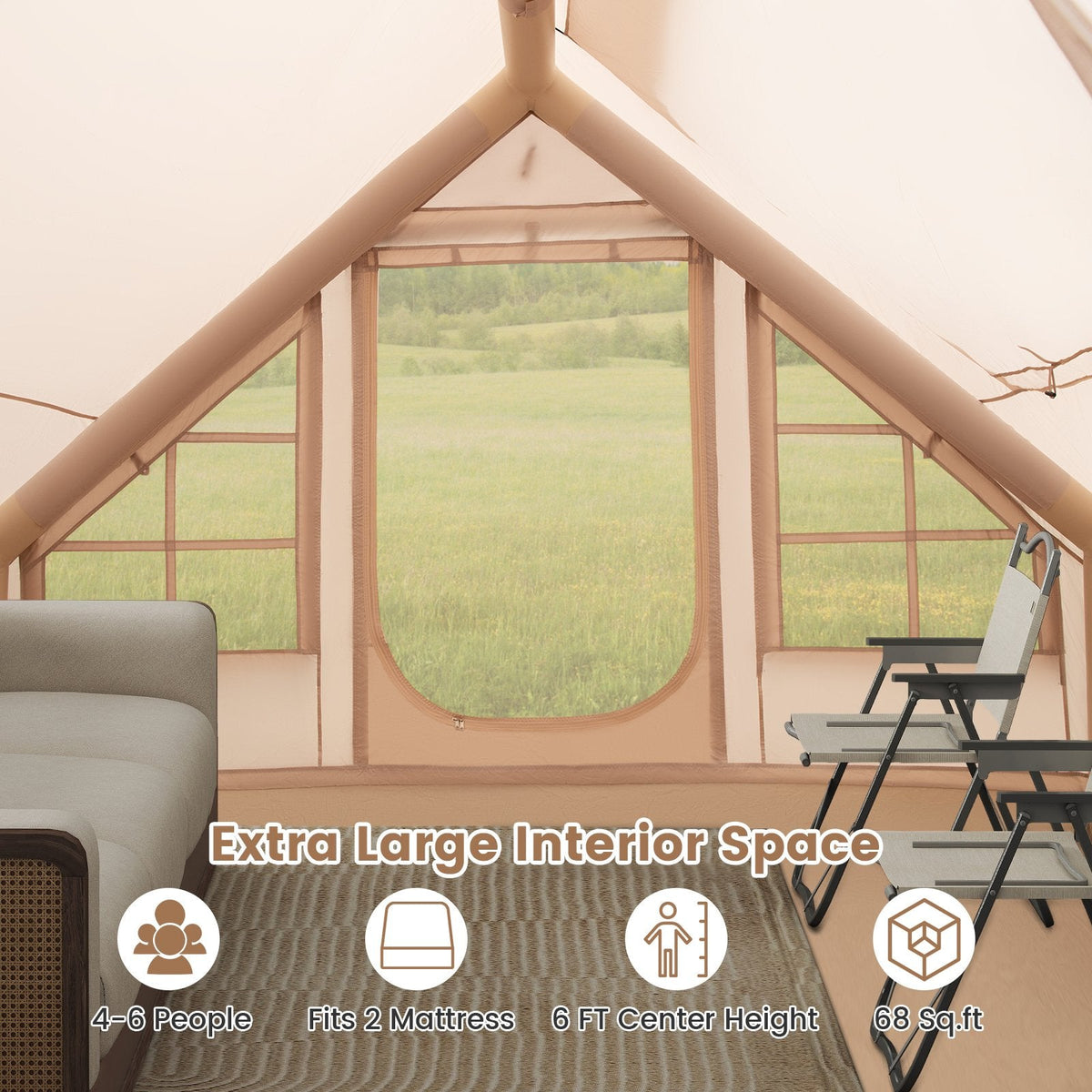 4-6 People Inflatable Camping Tent with Porch and Carrying Bag-Beige