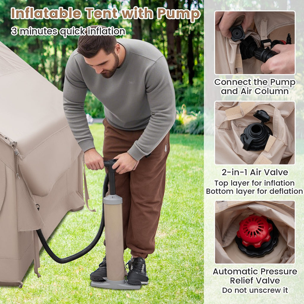 4-6 People Inflatable Camping Tent with Porch and Carrying Bag-Beige