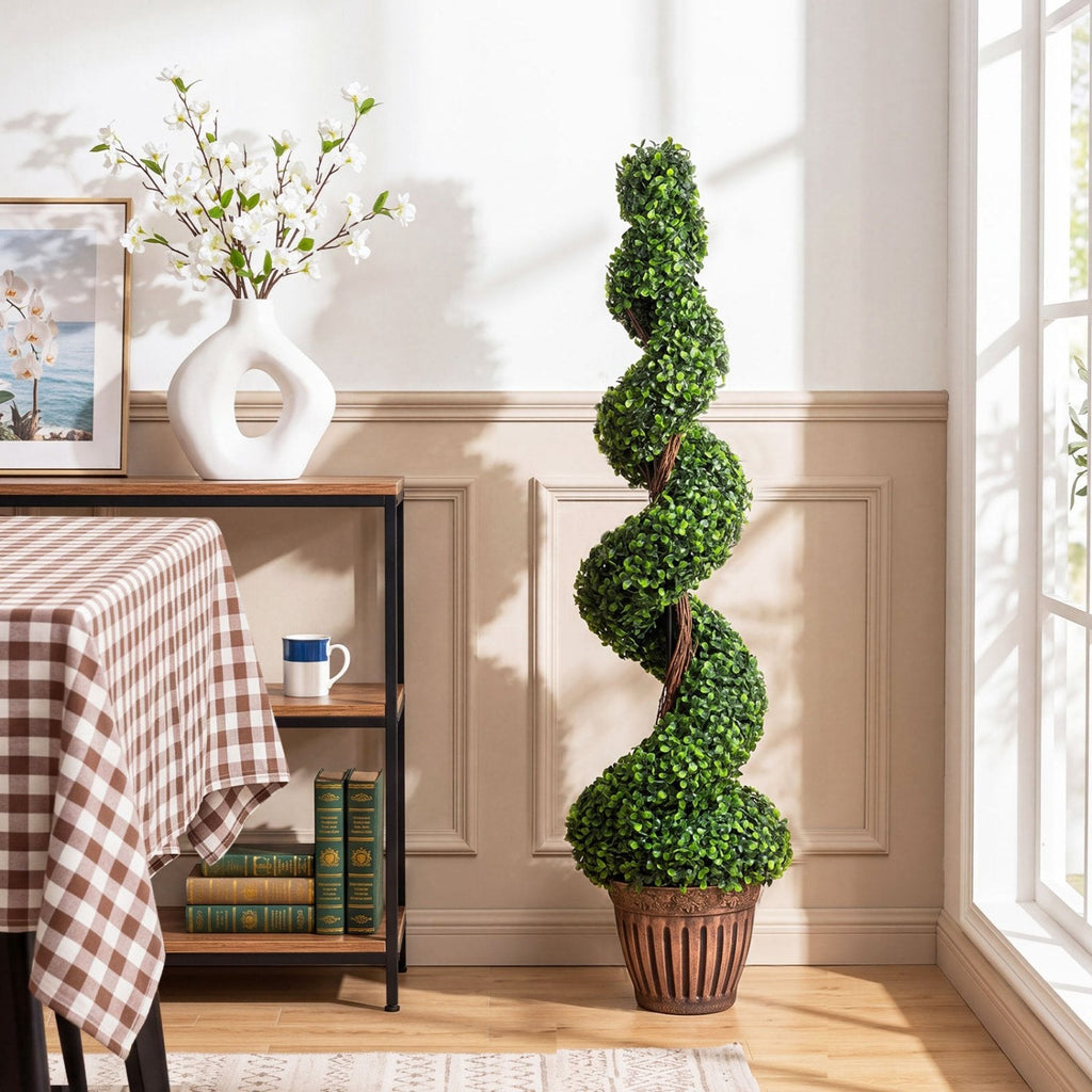4 Foot Artificial Spiral Boxwood Topiary Tree with Cement Filled Planter