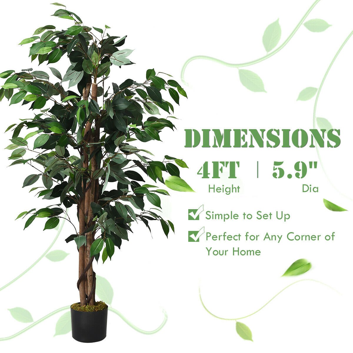 4 Foot Artificial Ficus Tree with Rattan Bound Trunks, 504 Leaf Silk Ficus