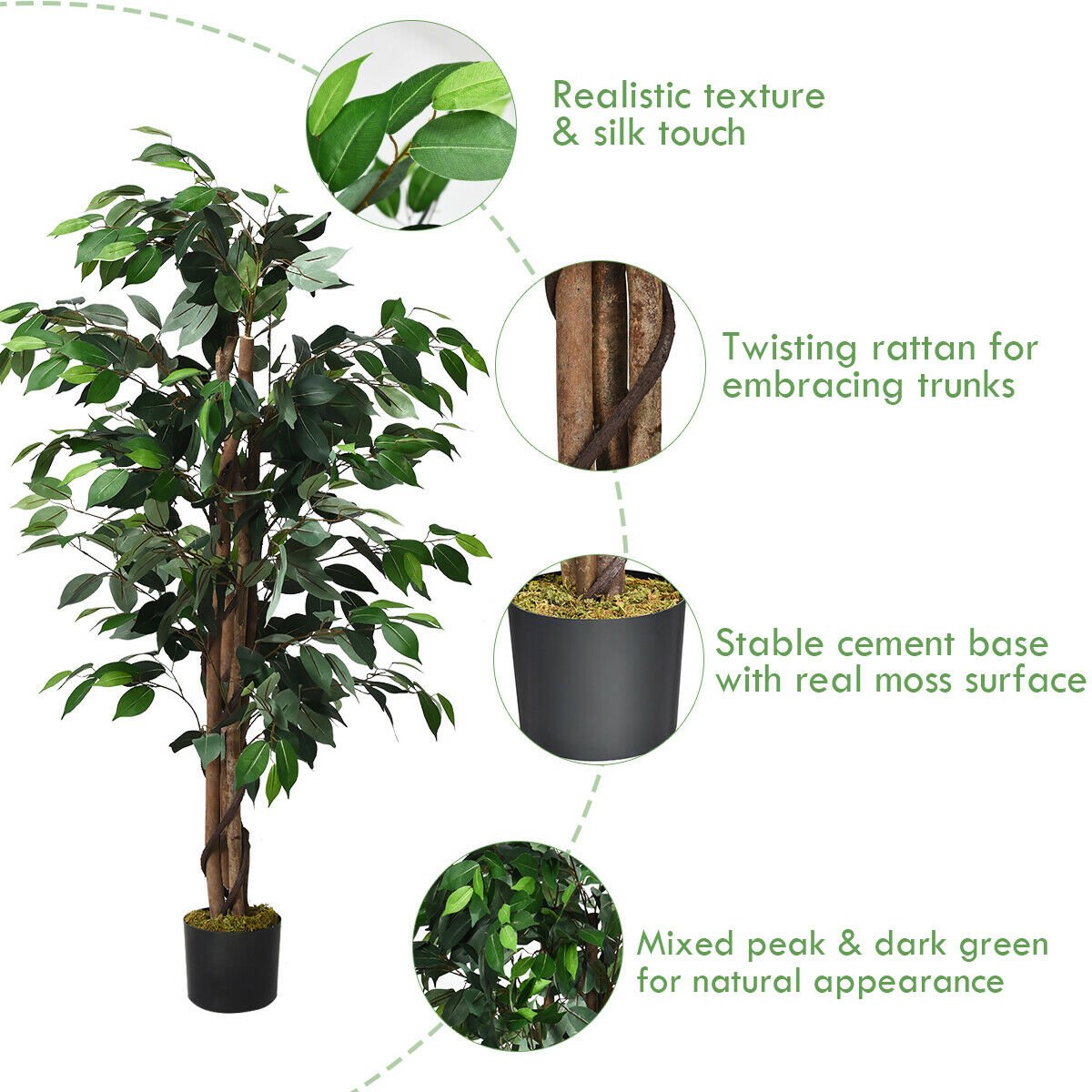 4 Foot Artificial Ficus Tree with Rattan Bound Trunks, 504 Leaf Silk Ficus