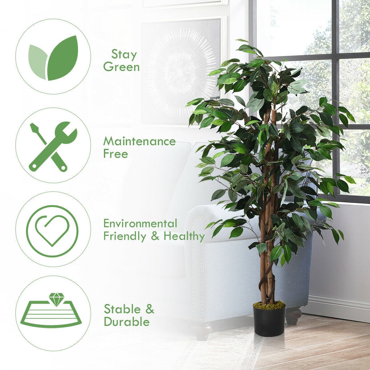 4 Foot Artificial Ficus Tree with Rattan Bound Trunks, 504 Leaf Silk Ficus