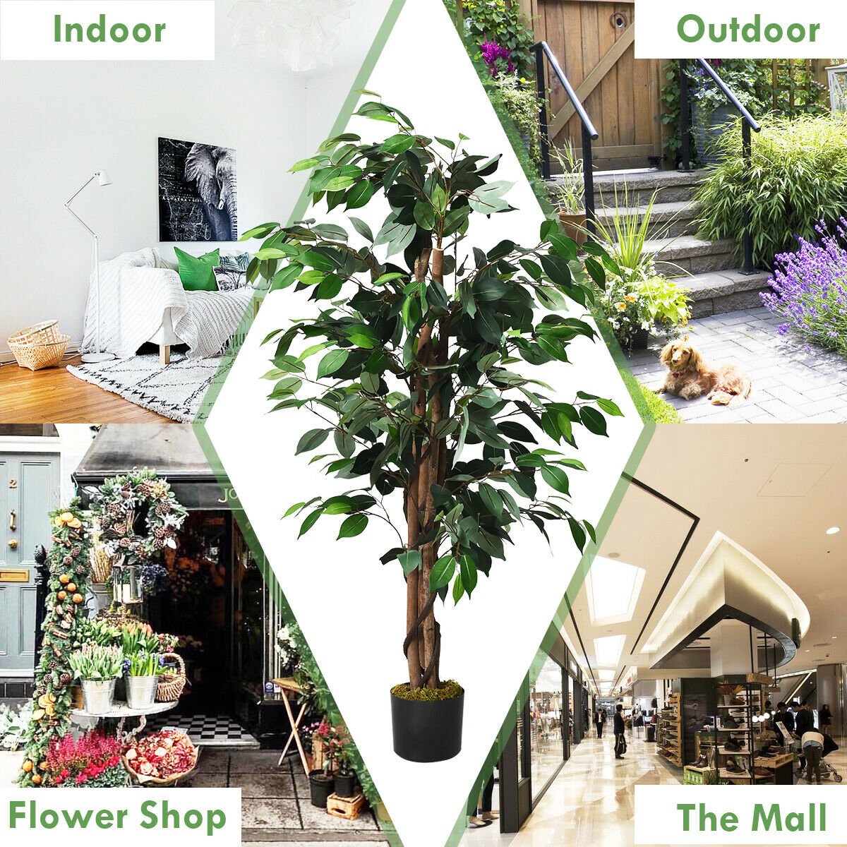 4 Foot Artificial Ficus Tree with Rattan Bound Trunks, 504 Leaf Silk Ficus