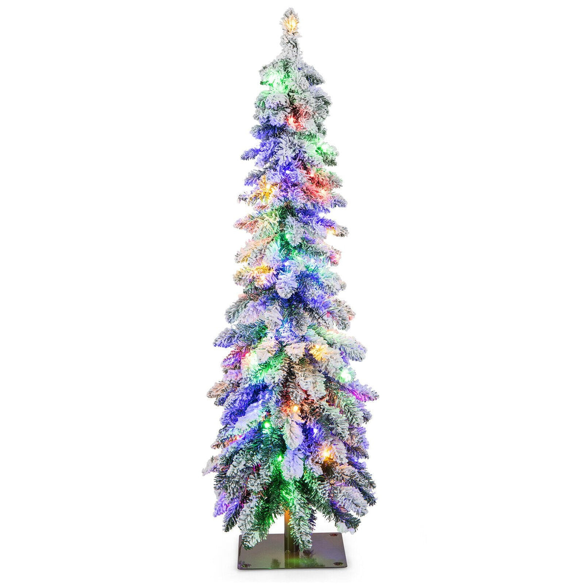 4 FT Pre-Lit Snow Flocked Slim Pencil Christmas Tree with 100 LEDs, 11 Modes and Timer