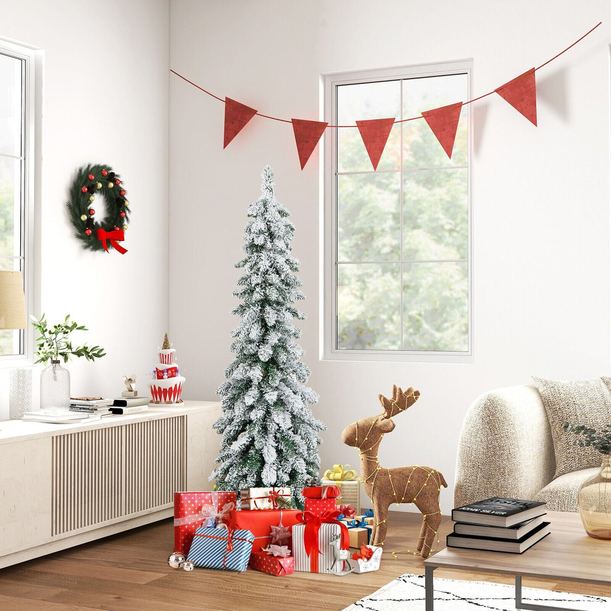 4 FT Pre-Lit Snow Flocked Slim Pencil Christmas Tree with 100 LEDs, 11 Modes and Timer