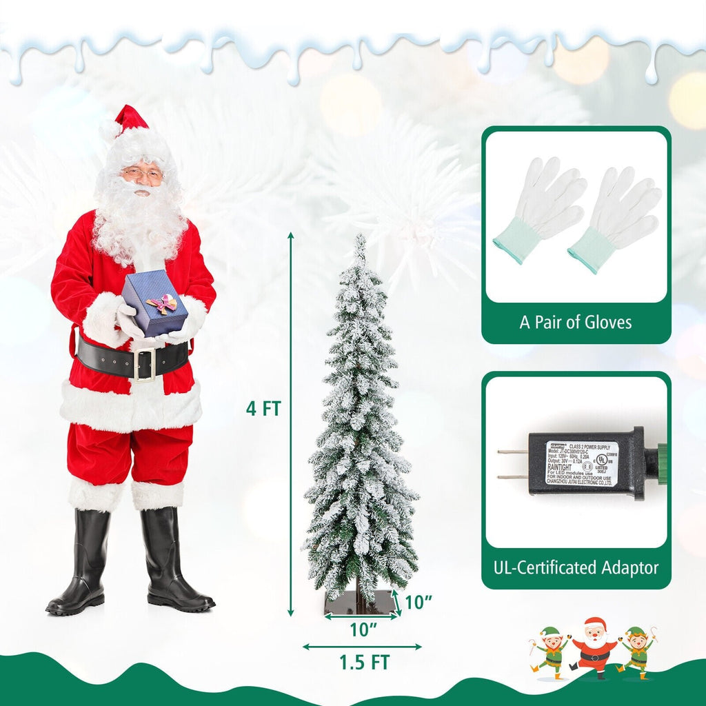 4 FT Pre-Lit Snow Flocked Slim Pencil Christmas Tree with 100 LEDs, 11 Modes and Timer