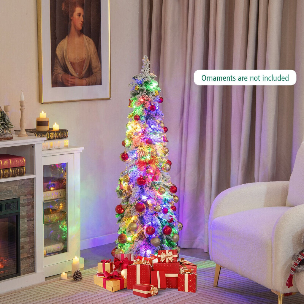 4 FT Pre-Lit Snow Flocked Slim Pencil Christmas Tree with 100 LEDs, 11 Modes and Timer