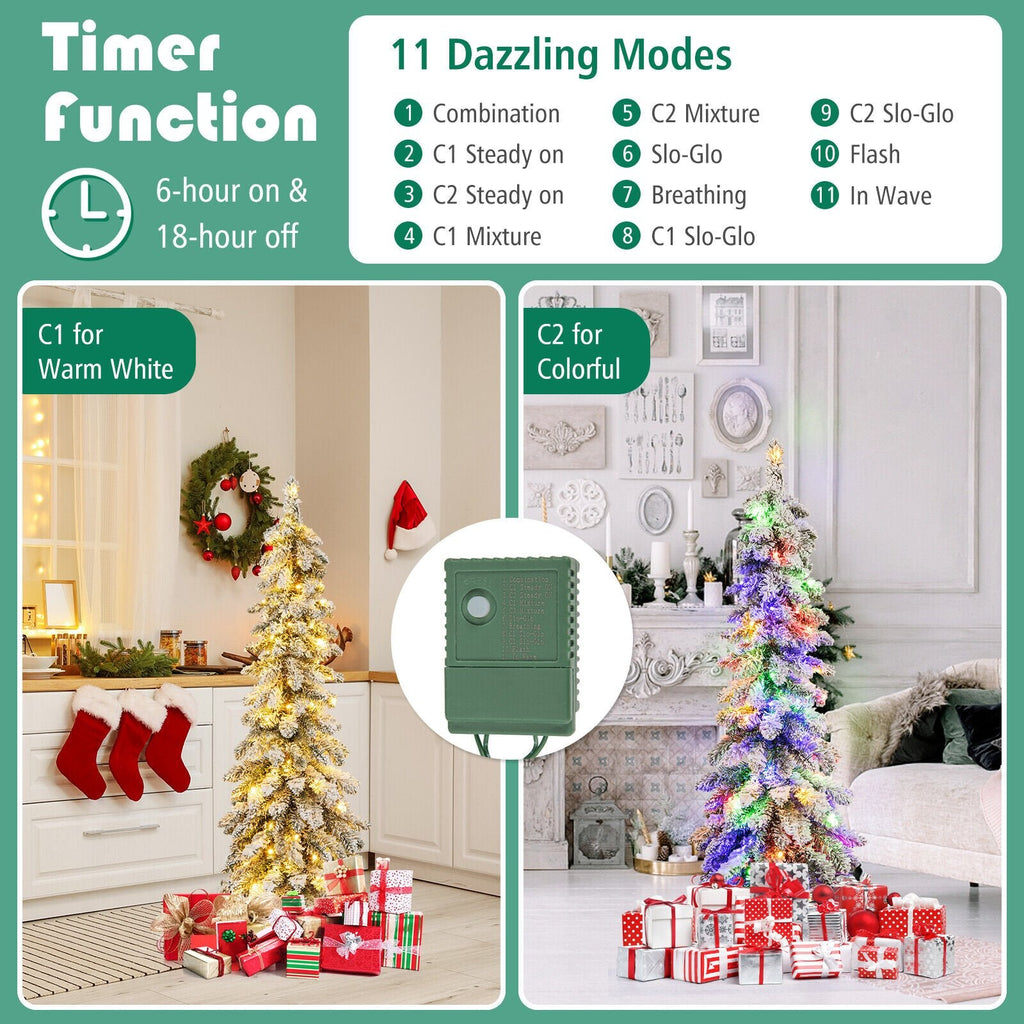 4 FT Pre-Lit Snow Flocked Slim Pencil Christmas Tree with 100 LEDs, 11 Modes and Timer