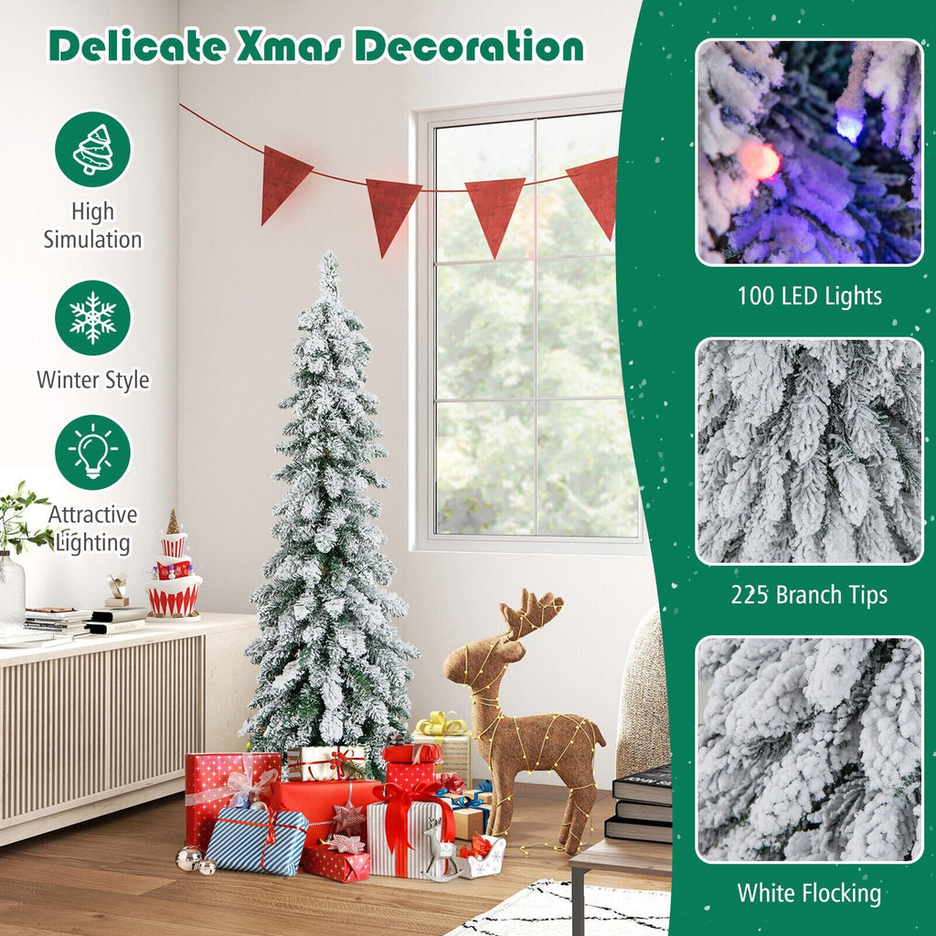 4 FT Pre-Lit Snow Flocked Slim Pencil Christmas Tree with 100 LEDs, 11 Modes and Timer