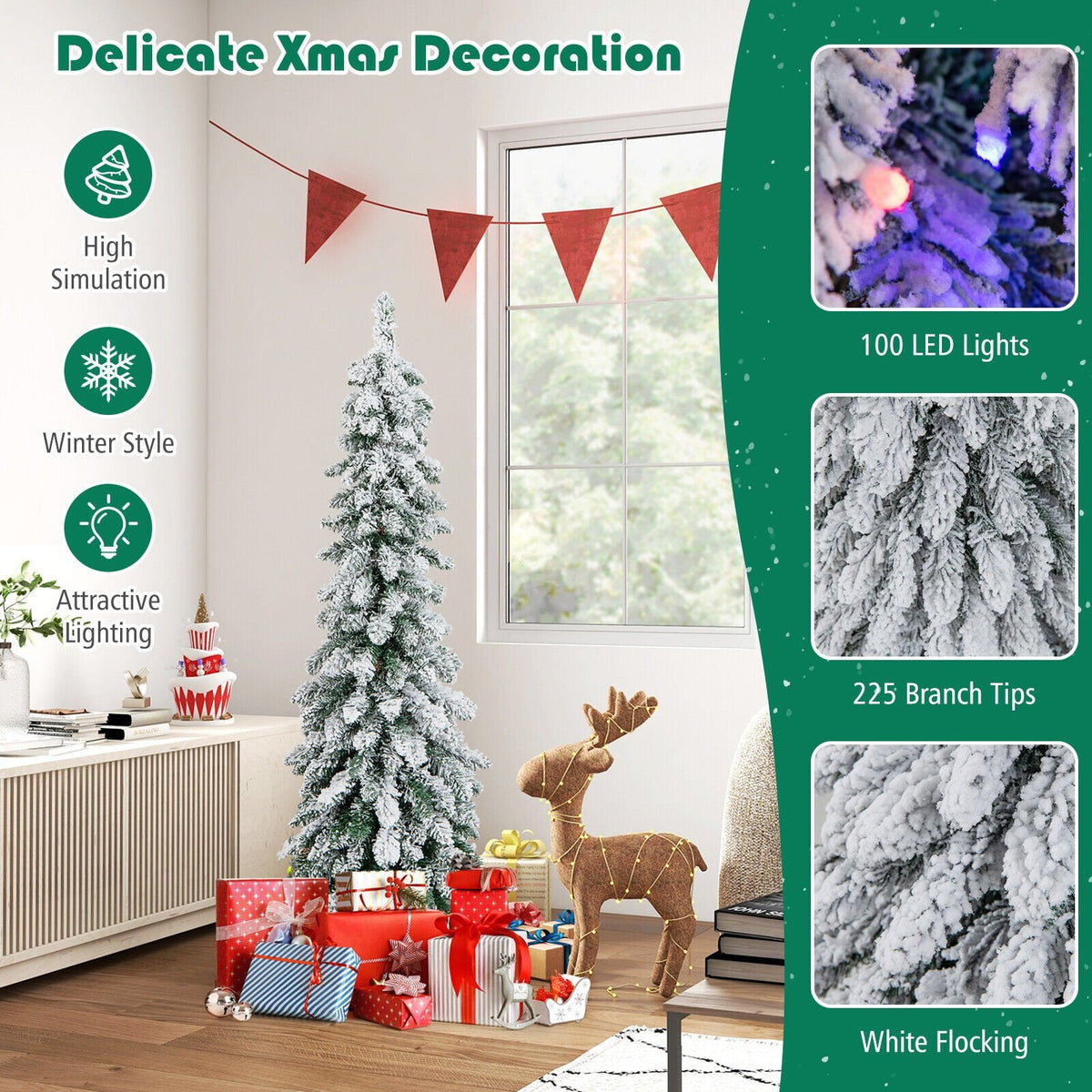 4 FT Pre-Lit Snow Flocked Slim Pencil Christmas Tree with 100 LEDs, 11 Modes and Timer