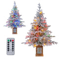 4 FT Snow Flocked Potted Christmas Tree with 100 LED Lights, 8 Modes, Remote and Flowerpot Base