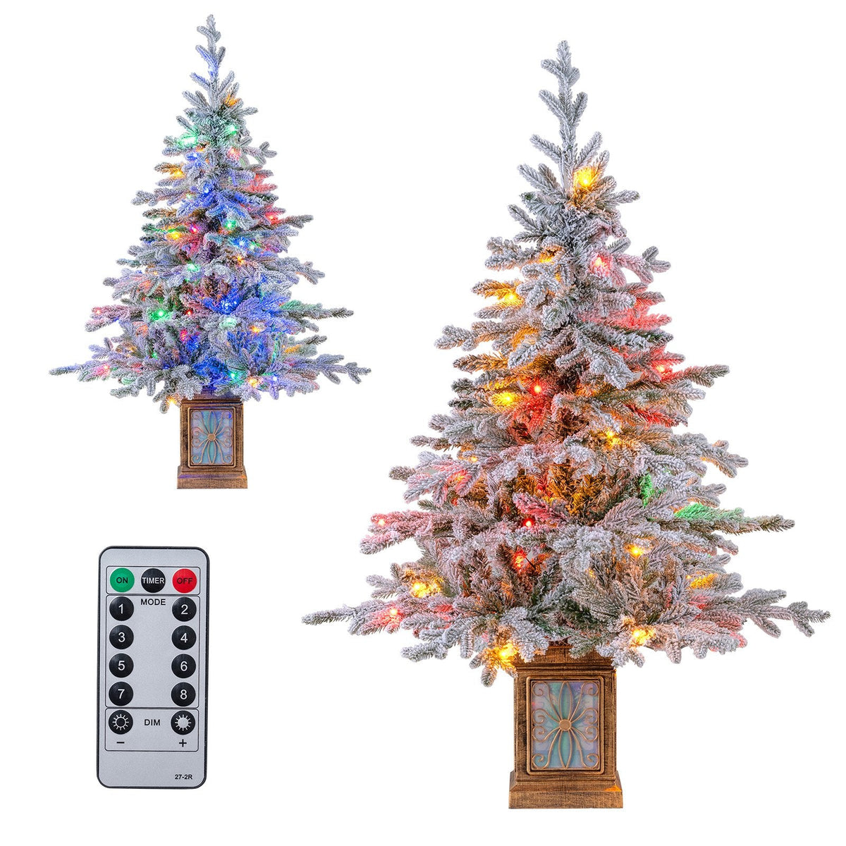 4 FT Snow Flocked Potted Christmas Tree with 100 LED Lights, 8 Modes, Remote and Flowerpot Base