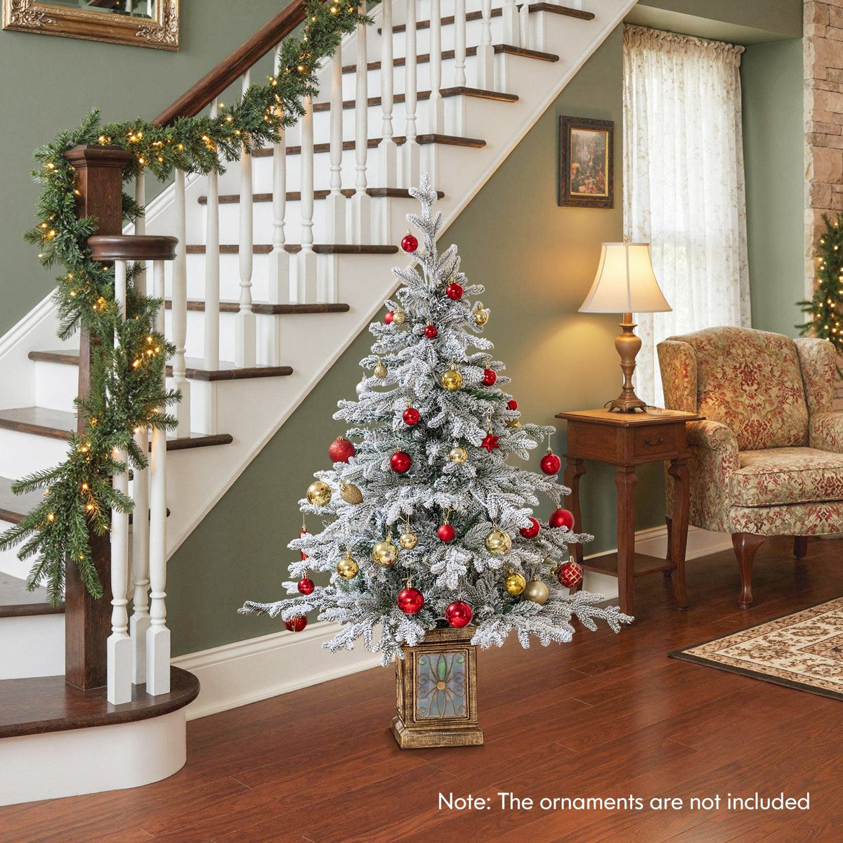 4 FT Snow Flocked Potted Christmas Tree with 100 LED Lights, 8 Modes, Remote and Flowerpot Base