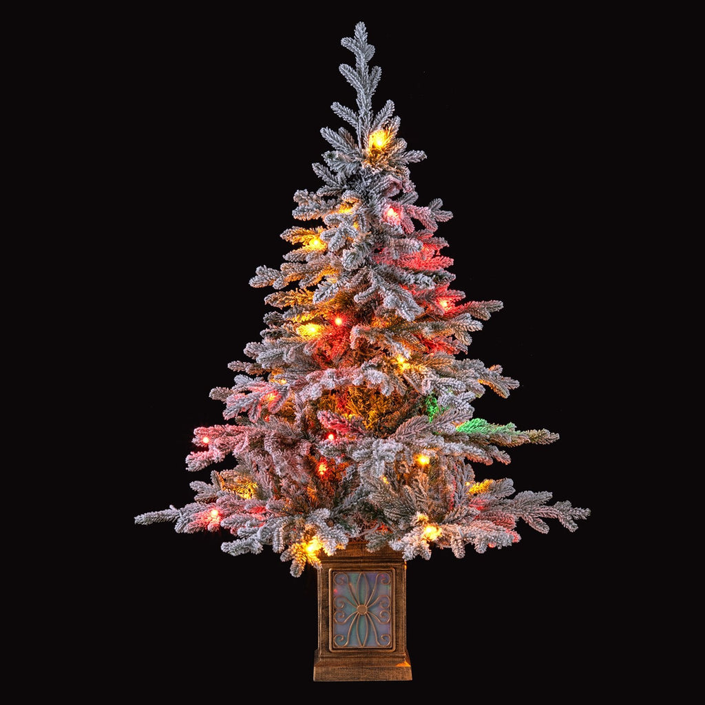 4 FT Snow Flocked Potted Christmas Tree with 100 LED Lights, 8 Modes, Remote and Flowerpot Base