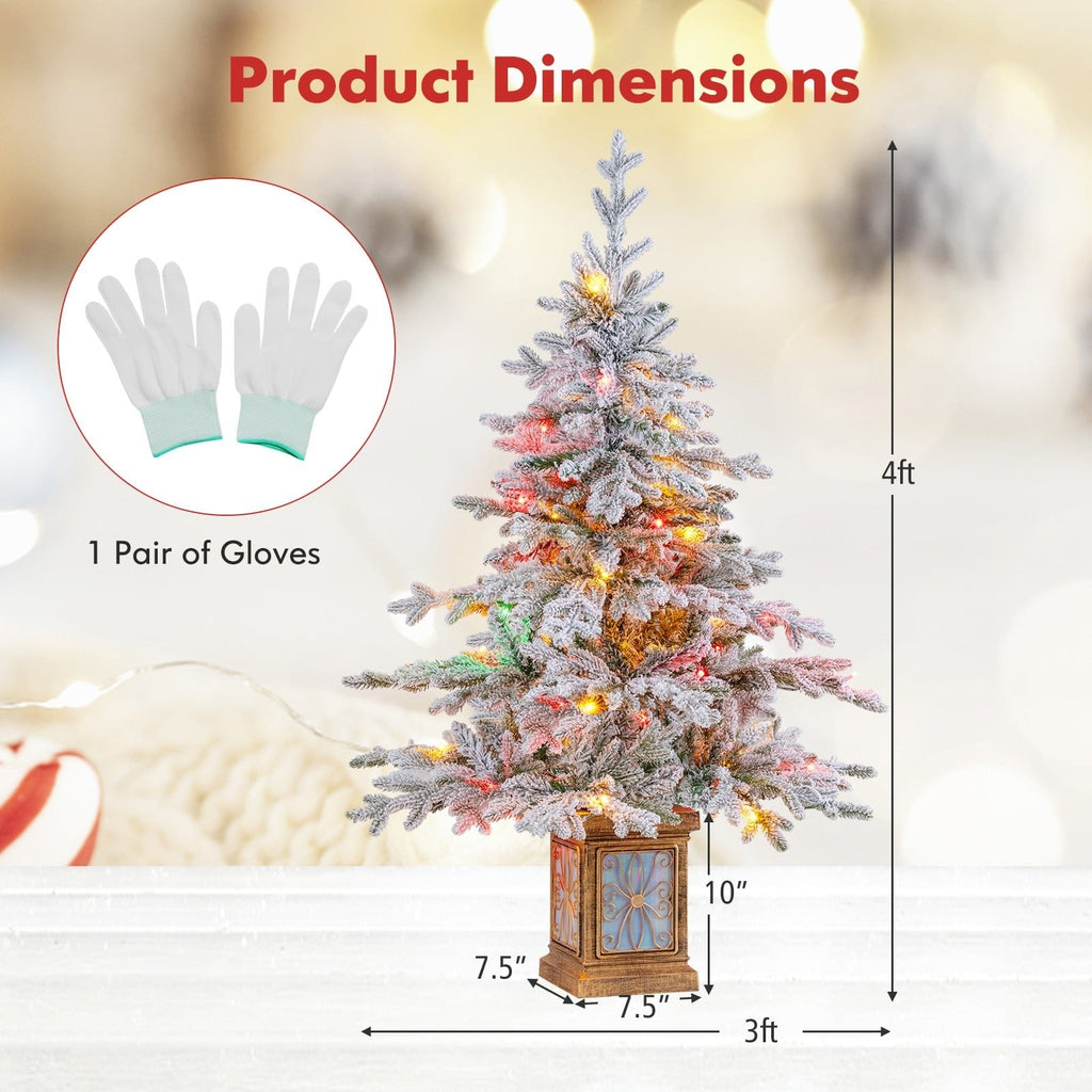 4 FT Snow Flocked Potted Christmas Tree with 100 LED Lights, 8 Modes, Remote and Flowerpot Base