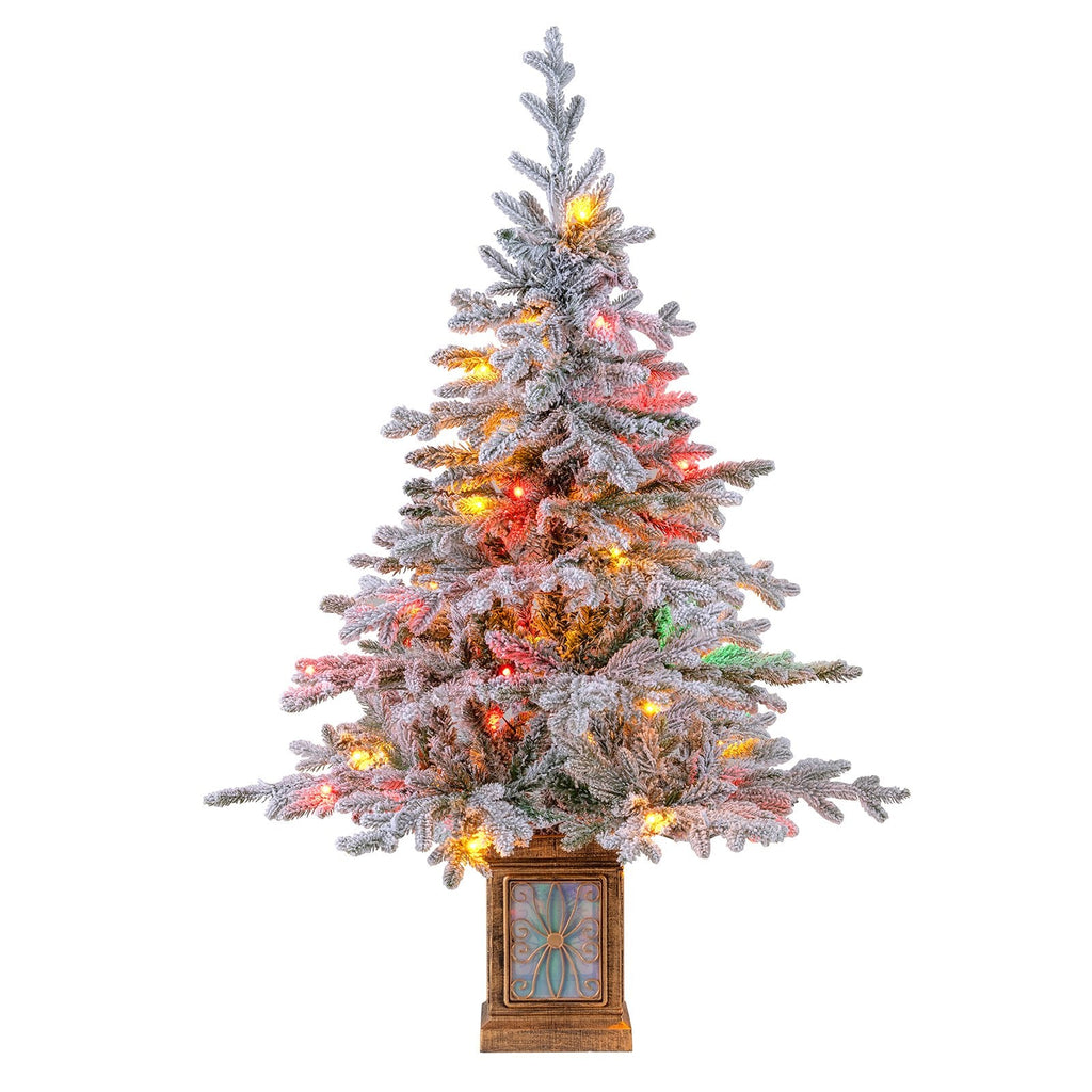 4 FT Snow Flocked Potted Christmas Tree with 100 LED Lights, 8 Modes, Remote and Flowerpot Base