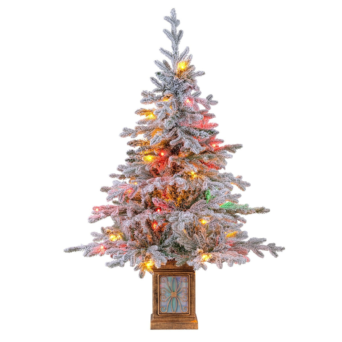4 FT Snow Flocked Potted Christmas Tree with 100 LED Lights, 8 Modes, Remote and Flowerpot Base