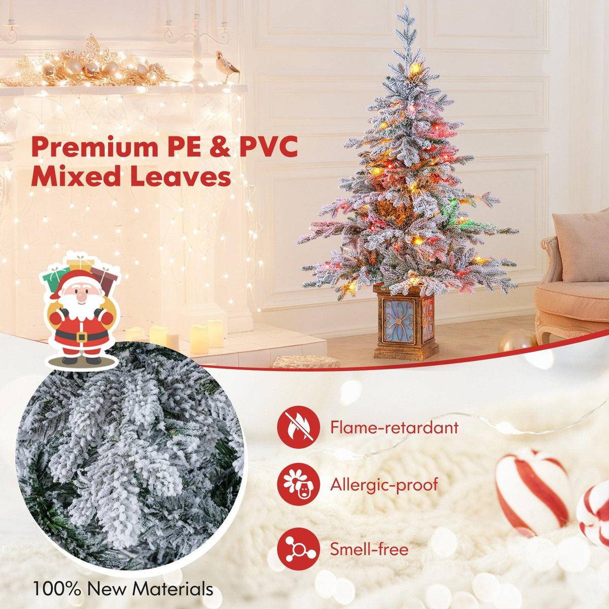 4 FT Snow Flocked Potted Christmas Tree with 100 LED Lights, 8 Modes, Remote and Flowerpot Base