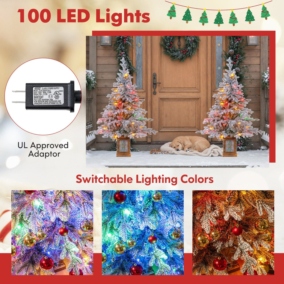 4 FT Snow Flocked Potted Christmas Tree with 100 LED Lights, 8 Modes, Remote and Flowerpot Base