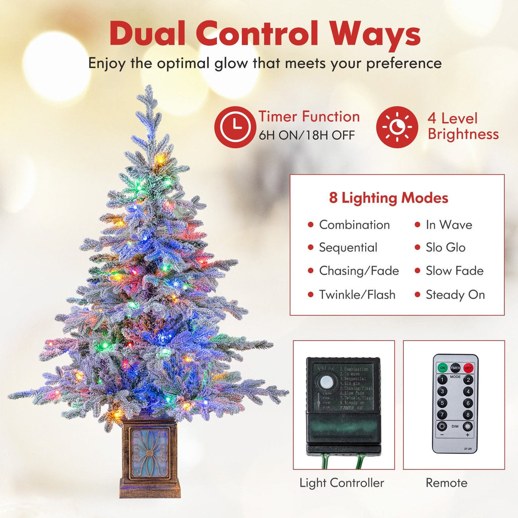 4 FT Snow Flocked Potted Christmas Tree with 100 LED Lights, 8 Modes, Remote and Flowerpot Base