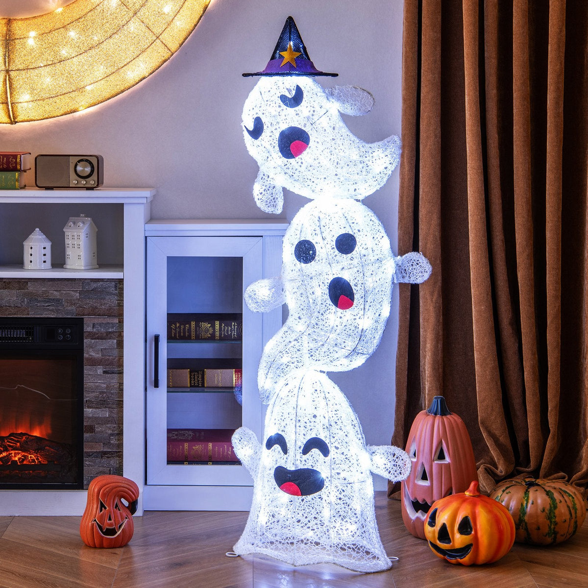 4 FT Lighted Standing Halloween Decoration Stacked Ghosts with 120 LED Lights