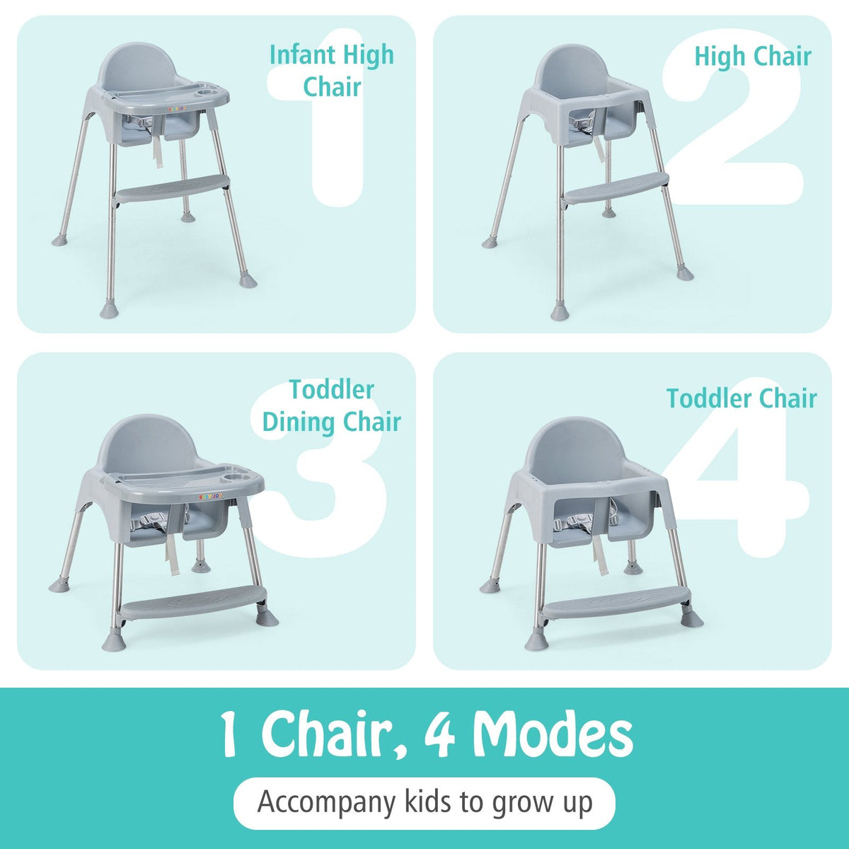 4-in-1 Convertible Baby High Chair with Removable Double Tray-Gray
