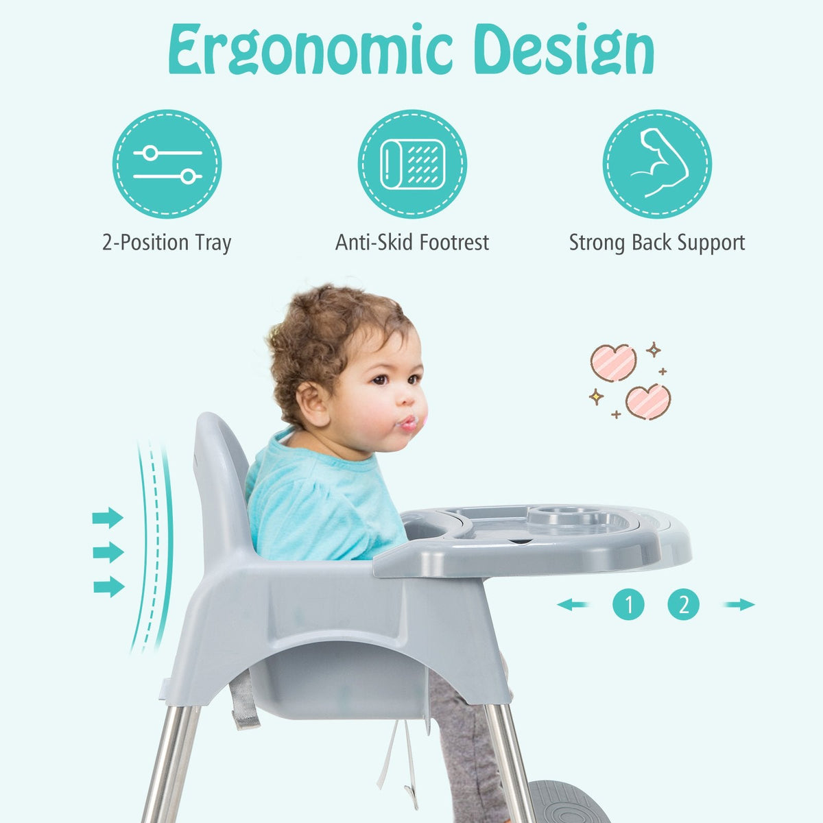 4-in-1 Convertible Baby High Chair with Removable Double Tray-Gray