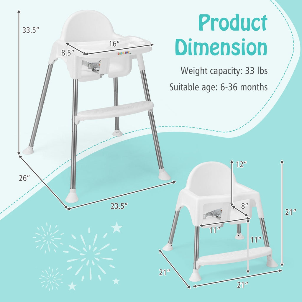 4-in-1 Convertible Baby High Chair with Removable Double Tray-White