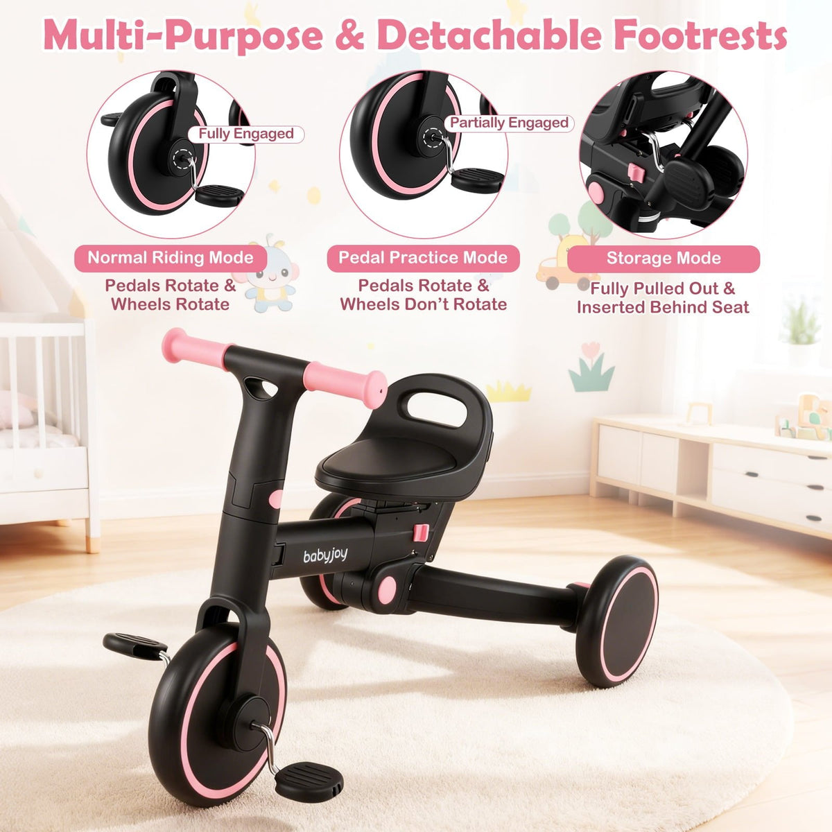 4-in-1 Foldable Toddler Tricycle with Push Handle with Adjustable Seat-Pink