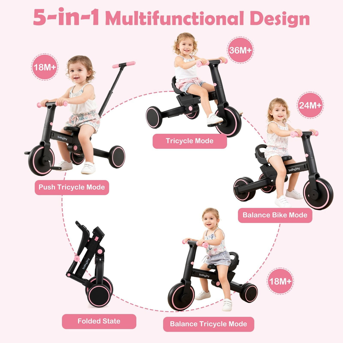 4-in-1 Foldable Toddler Tricycle with Push Handle with Adjustable Seat-Pink