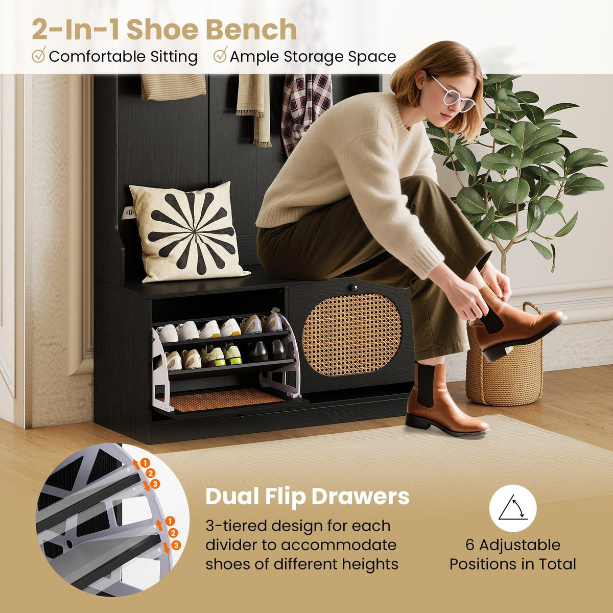 4-In-1 Hall Tree with Coat Rack and Flip Drawers for Entryway Mudroom-Black