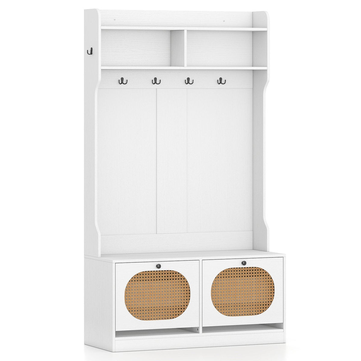 4-In-1 Hall Tree with Coat Rack and Flip Drawers for Entryway Mudroom-White