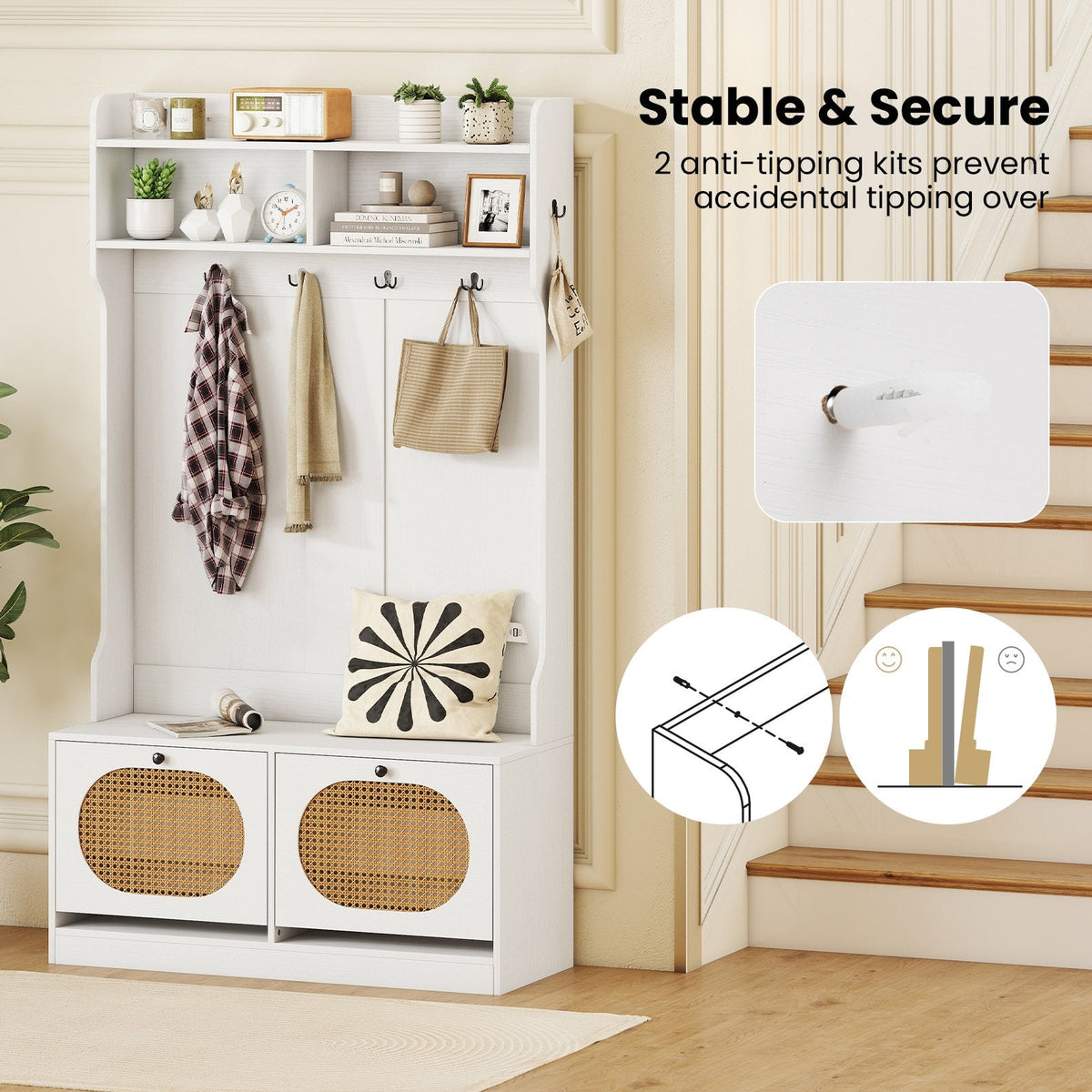 4-In-1 Hall Tree with Coat Rack and Flip Drawers for Entryway Mudroom-White